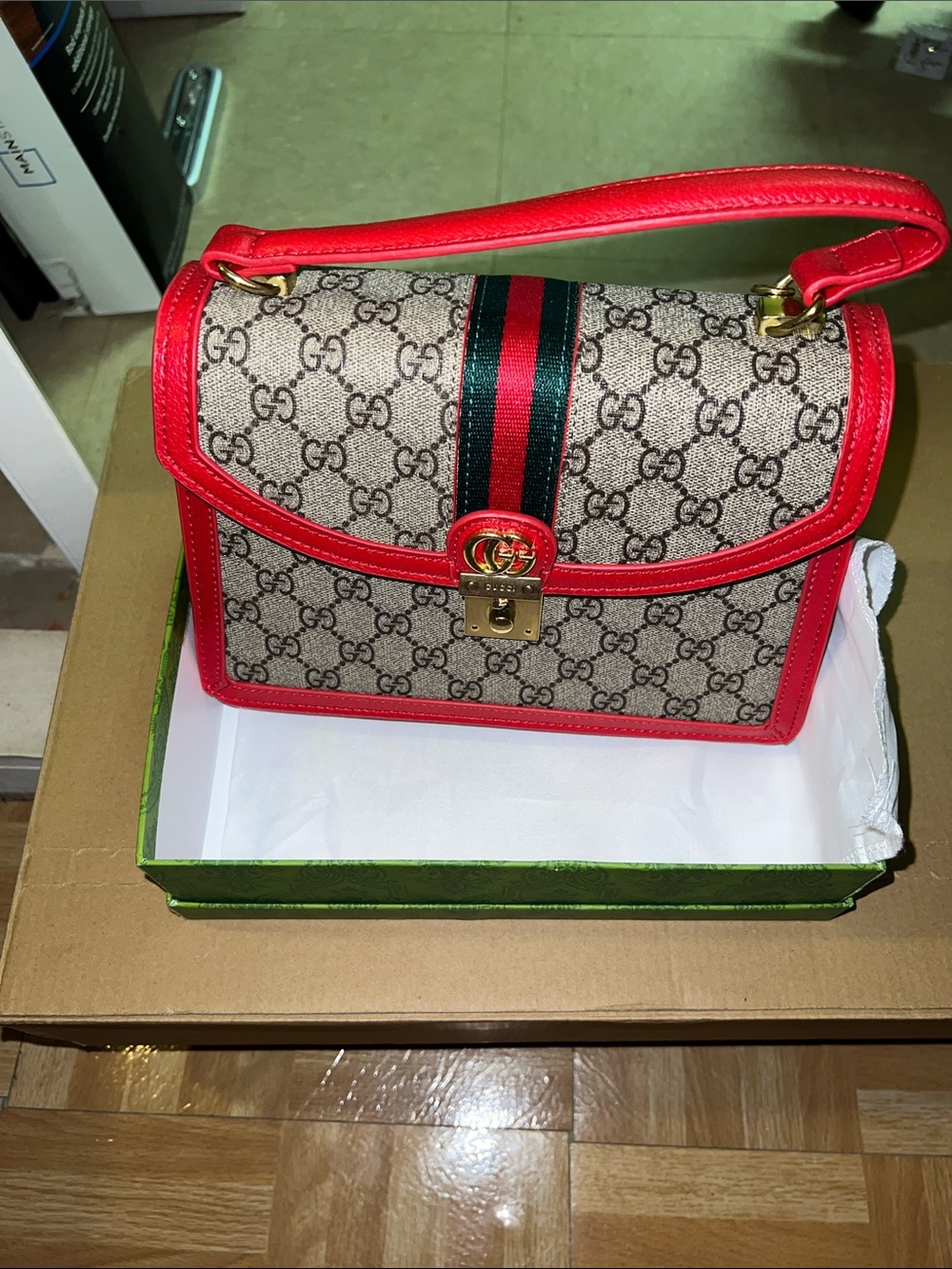 Tan Leather Satchel with Red Trim and Green-Red stripe
